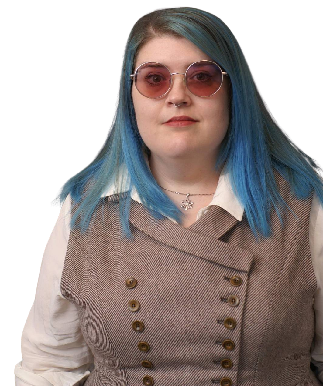 Image of Josephine looking directly at the camera. She has blue hair and
purple glasses